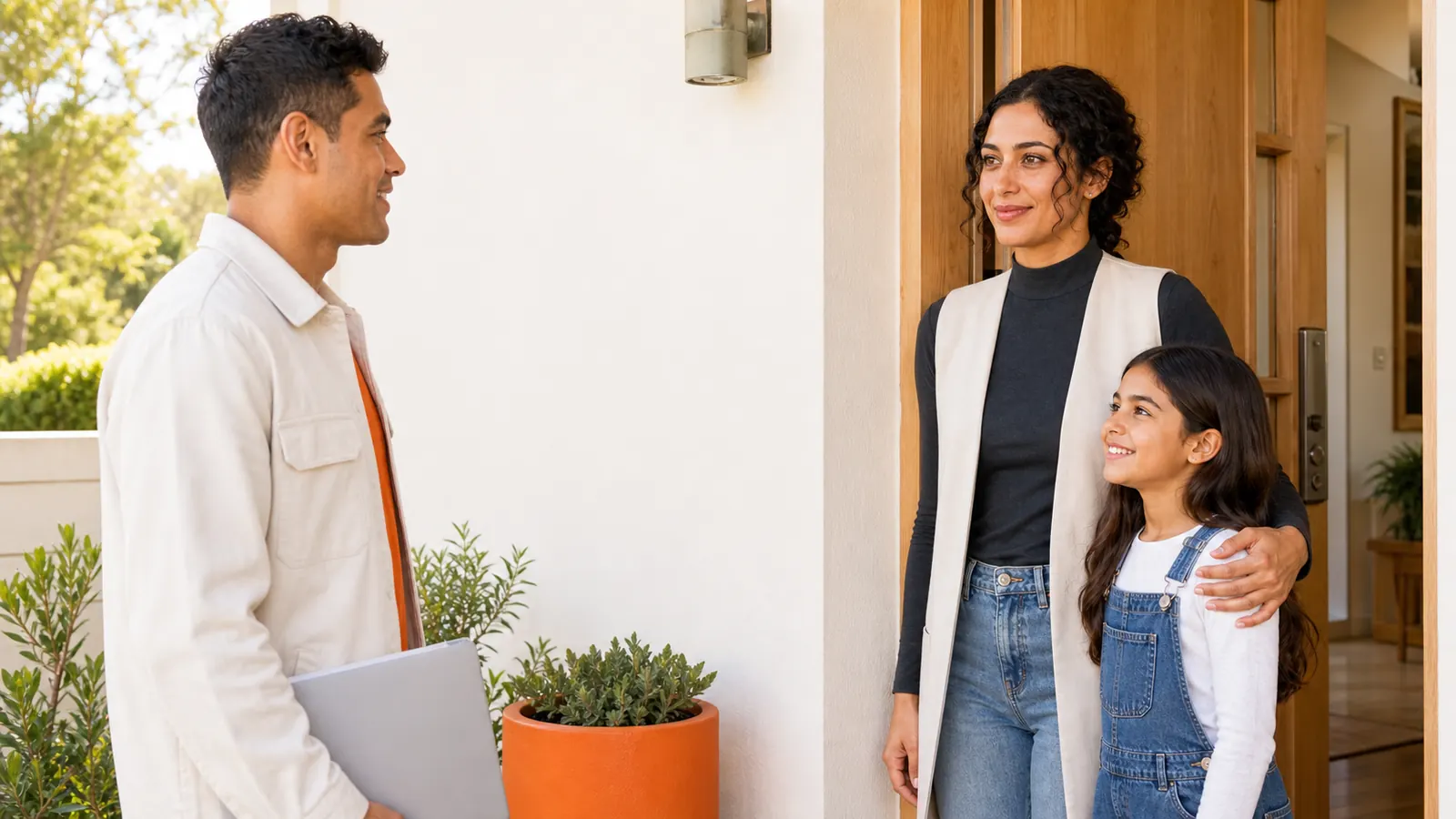 A homeowner welcoming a local professional at the front door